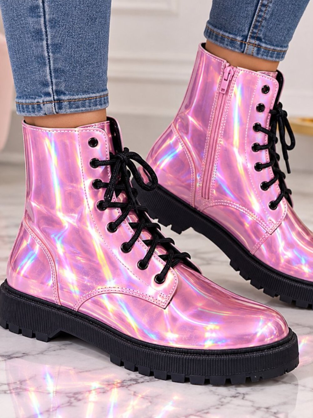 Allegra K Pink Holographic Lace-Up Combat Boots
